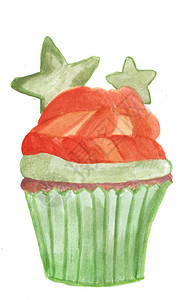 手画水彩橙色蛋糕烤纸上有绿星图片