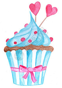 手画水彩蓝情人蛋糕配有心胸装饰和烤纸丝带图片