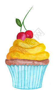 手画水彩色柠檬蛋糕和樱桃图片