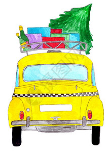 带圣诞礼物和树手工油漆水彩色的出租车图片