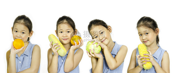 白种背景的新鲜水果和蔬菜白种背景的亚洲小女孩图片