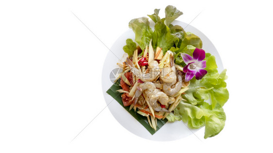 传统泰国菜麻辣青木瓜色拉配虾麻辣青木瓜沙拉图片