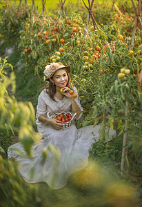 红番茄的亚洲漂亮女人在花园里收获新鲜蔬菜图片