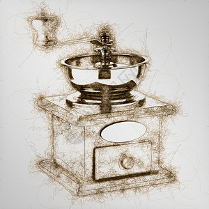 Ballpenspribble插图白纸上隔绝的老式手工咖啡研磨机图片