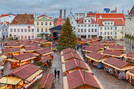 爱沙尼亚塔林市政厅广场的圣诞树和展厅塔林市广场的圣诞树和展厅图片