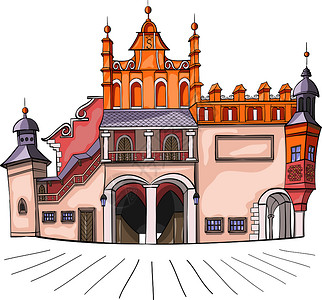 克拉科夫旧中世纪市场大楼插画