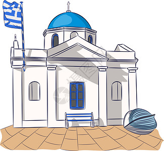小旗帜希腊教堂插画