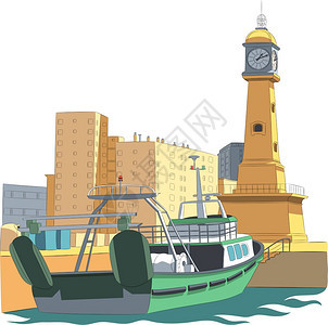 码头的渔船和灯塔时钟图片