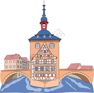 在河上桥的古老中世纪市政厅大楼图片