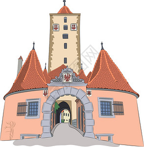 城市中世纪的布尔特格门和一座塔图片