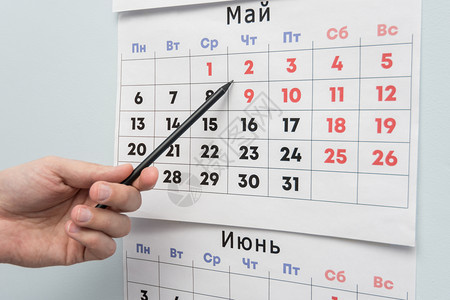 办公室专家的手指向墙上的日历图片