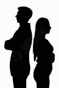 一对年轻情侣背站立在一起的黑色白肖像图片