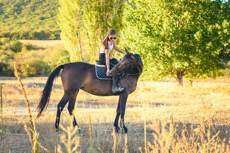 带着眼镜的女孩在秋季森林骑马时用她的手喂图片