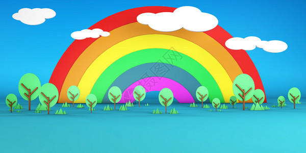 彩虹天空和树木3D说明显示彩虹天空和树图片