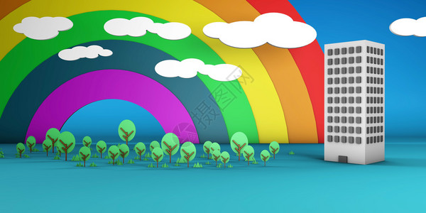 彩虹树和云的卡通景观图片