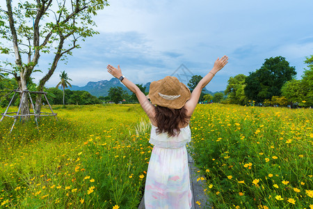 幸福的女子在黄色宇宙花朵田中举起手来图片
