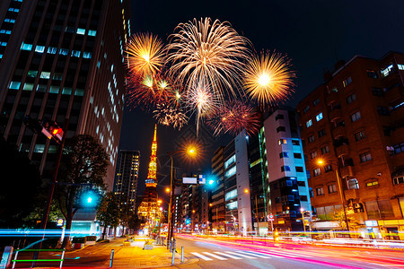 日本东京市风景的烟花节日图片