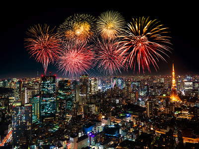 东京风景日本东京市风景的烟花节日背景