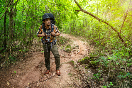 背着包的男旅行者在自然森林中行走时向边图片