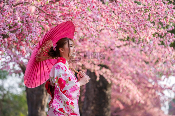 衣着齐莫诺kimonodress的妇女拿着雨伞图片