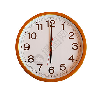 箭头圆白色背景的橙墙壁钟在六点被隔绝背景