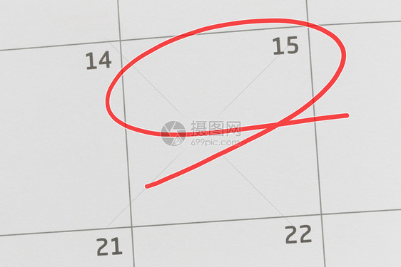 关注日历中的第15号和空白的红色椭圆来设计你的想法和工作概念图片