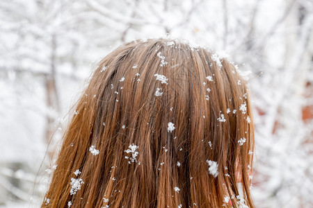 女孩头部在雪花中女孩头发上有雪花女孩头发上有雪花图片