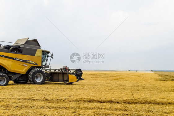 俄罗斯克拉诺达尔附近的田地2017年月5日用联合收割机小麦成熟田农业机械与联合收割机小麦图片