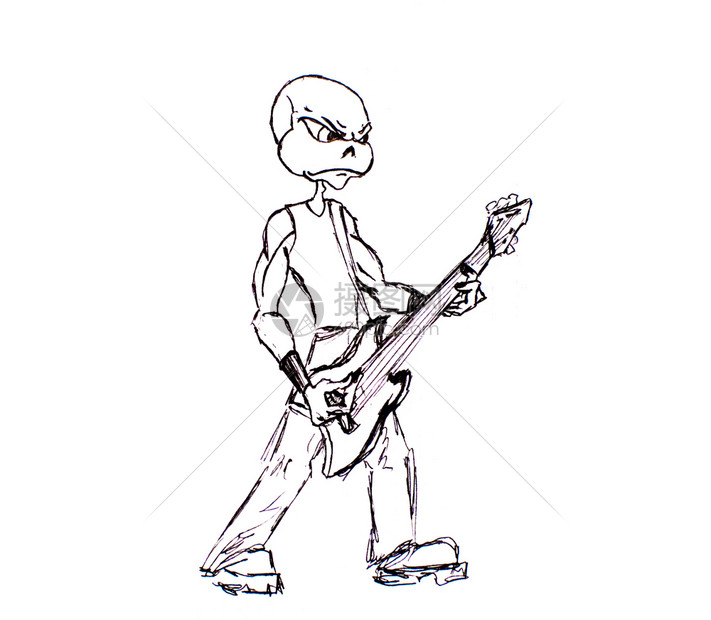 他手上拿着一把吉他用黑笔画的纸上摇滚吉他手