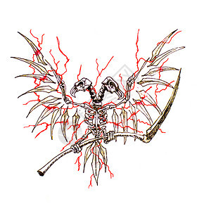 一只双头老鹰的骨骼手掌中有一个杖只皮外衣后面的红色闪电从一只手的骨架上射出一个的刺刀俄罗斯力量的象征死生之力图片