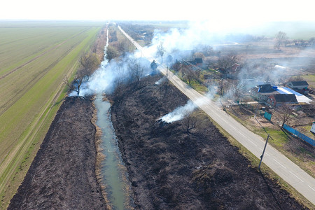 沿着灌溉运河烧干草烟雾和火焰烧沿灌溉运河烧干草烟雾和火烈图片
