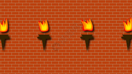 砖红色的墙壁与燃烧明亮的火炬在卡通风格三维渲染背景计算机生成砖红色的墙壁燃烧着卡通风格的明亮火炬3d渲染背景电脑生成图片