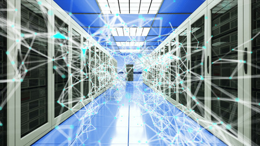 服务器室和连接点在数据中心网络和互联电信技术数据存储和云服务概念3D翻接图片