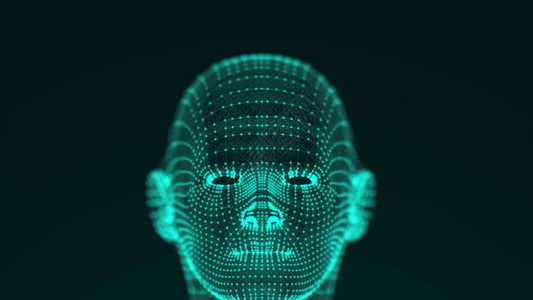 许多通过细线连接的点组成了一个人的头或黑背景上机器人明亮未来形状计算机生成了3D转换许多点和薄线形成了一个人的头或黑背景上机器人图片