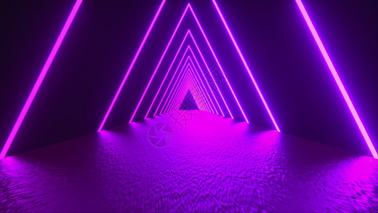 3D渲染抽象几何背景虚拟现实电脑生成的荧光紫外线发光的霓虹灯线条一条笔直光滑的三角形隧道3D渲染抽象背景虚拟现实计算机生成的荧光图片