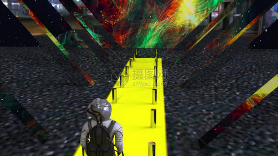 计算机在外层空间生成了抽象的构宇航员正在沿着狭窄的黄色道路行进3个未来背景的翻版图片