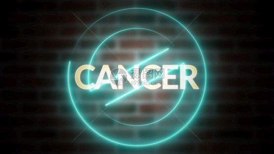 CANCER字在砖块背景下的3D字拼写计算机生成的铁质框架符号用荧光激灯停止3D字拼写在砖块背景下的CANCER文本计算机生成的图片