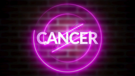 CANCER字在砖块背景下的3D字拼写计算机生成的铁质框架符号用荧光激灯停止3D字拼写在砖块背景下的CANCER文本计算机生成的图片
