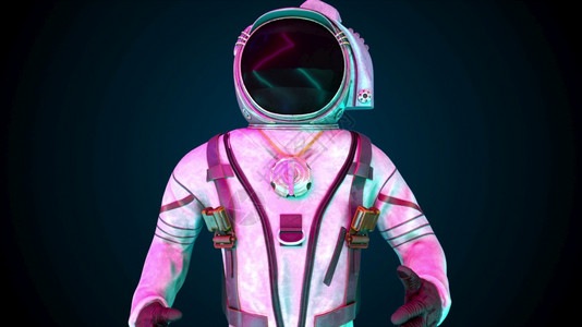 在霓虹灯下穿着金属防护服的宇航员计算机生成空间背景三维渲染在霓虹灯下穿着金属防护服的宇航员计算机生成的空间背景三维渲染图片