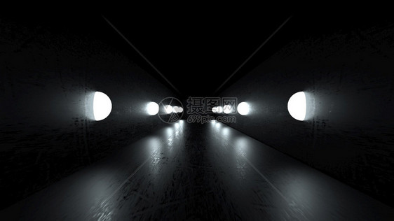 黑色镜面空间有滑的地板和一排灯光计算机生成3D抽象视角背景黑色镜面空间计算机生成视角背景图片
