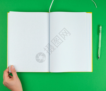 女手在细胞绿背景顶视图中持有空白的开放笔记本图片