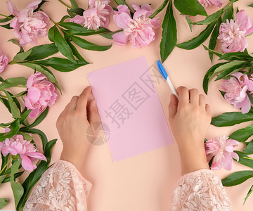 女手握着白笔在空的粉红色纸板上紧靠一束盛开的粉红色花朵束顶层风景图片