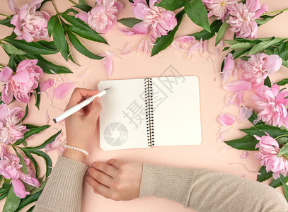 左手握着白色的笔上面是一张螺旋笔记本上面是空白页旁边是一束盛开的粉红面条图片