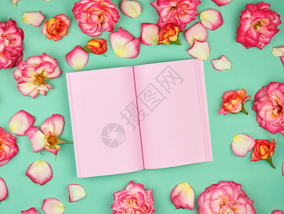 张开笔记本在绿色背景和粉红玫瑰花瓣上的粉红色空白页最高视图图片