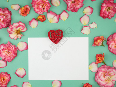 绿色背景的空白纸页和红心粉玫瑰的周光顶视图复制空间图片