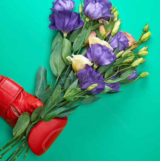 握着一束花朵的红色拳击手套绿背景的尤斯托马利桑图图片