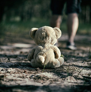 棕褐色泰迪熊坐在森林的沙路中间孤独和遗忘的概念图片