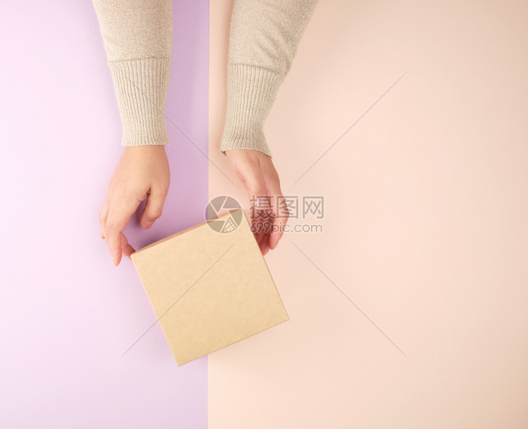 女孩在紫色蜜蜂背景上拿着棕色方格盒子顶级观点赠送礼物的概念图片