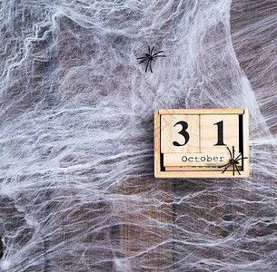 白蜘蛛网和木形复古日历由10月3日为的街区制成万圣节的背景图片