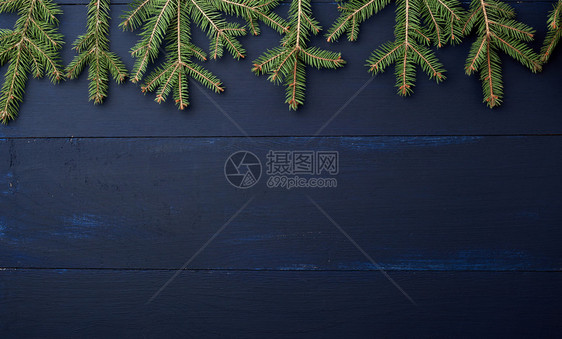 深蓝色背景的绿针叶枝木板圣诞节日背景复制空间图片